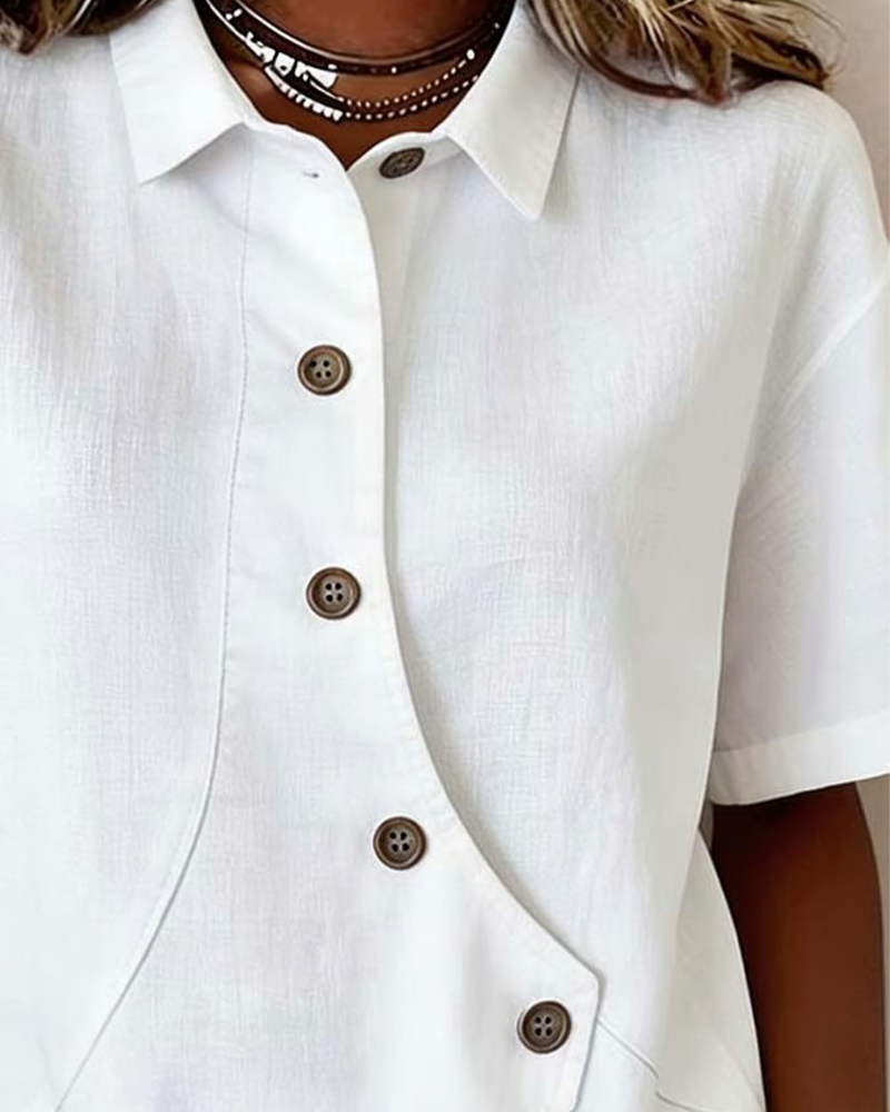 Julia - Asymmetrical Cotton-Linen Blouse with Buttons