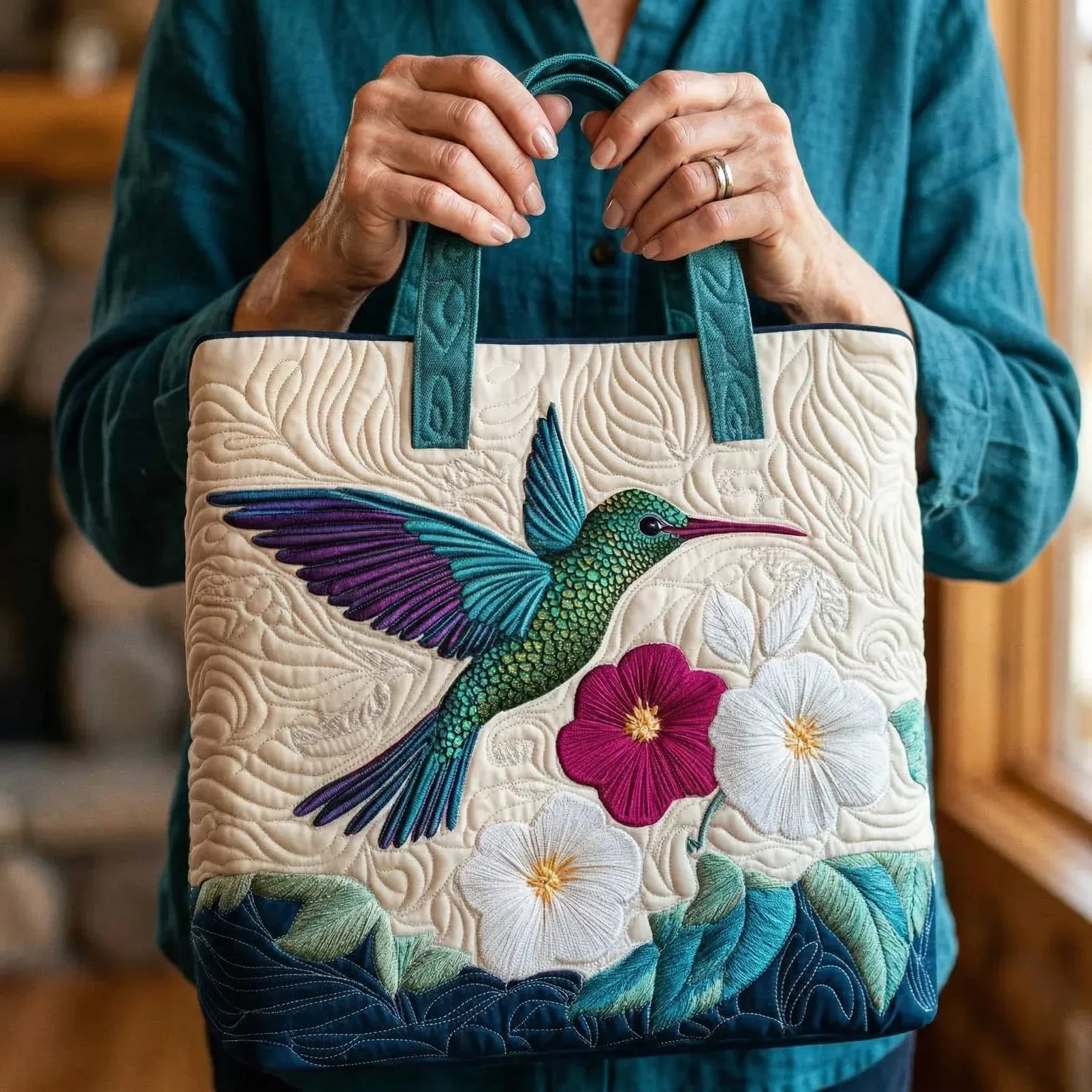 Quilted Floral Bag with Hummingbird and White Flower – Two Sizes