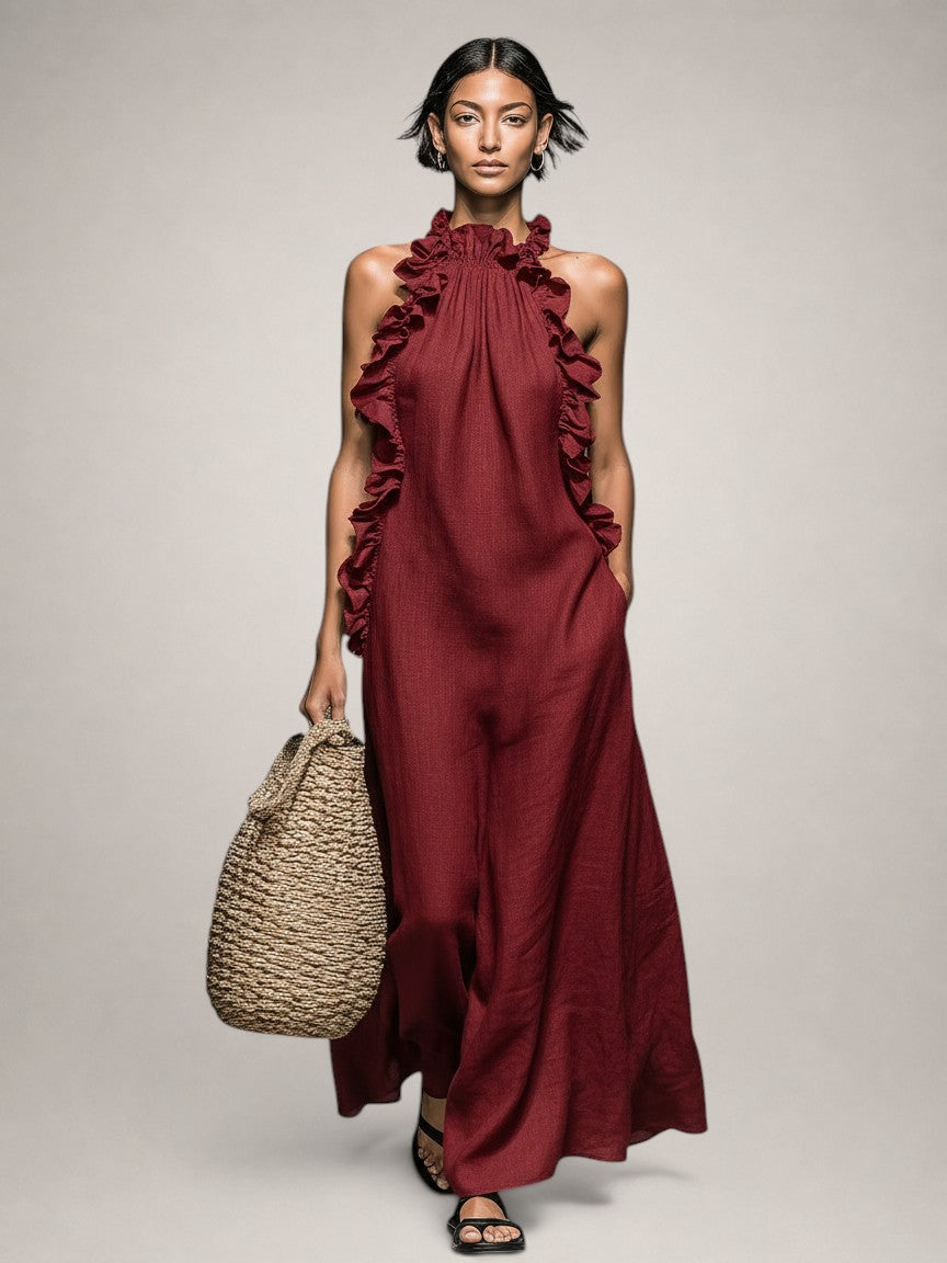 Helene | Vestido maxi sin mangas de lino con volantes
