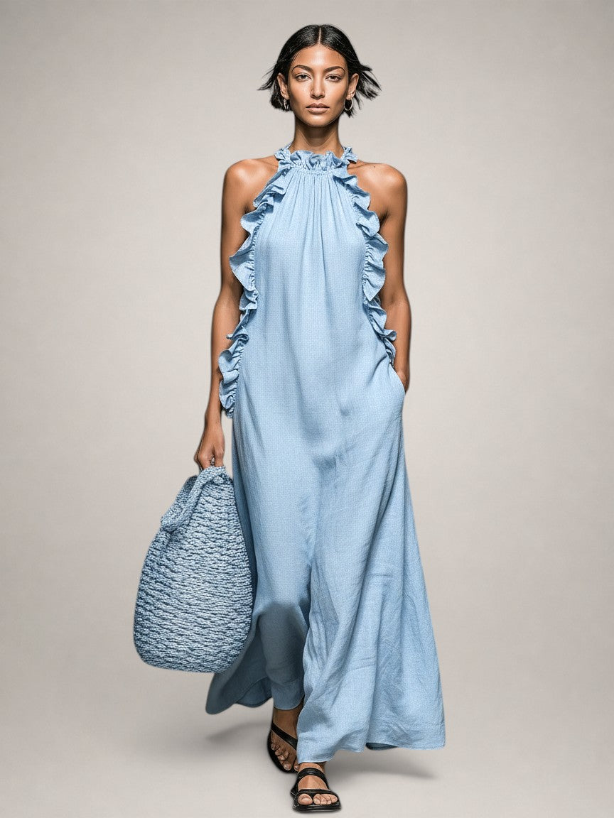 Helene | Vestido maxi sin mangas de lino con volantes