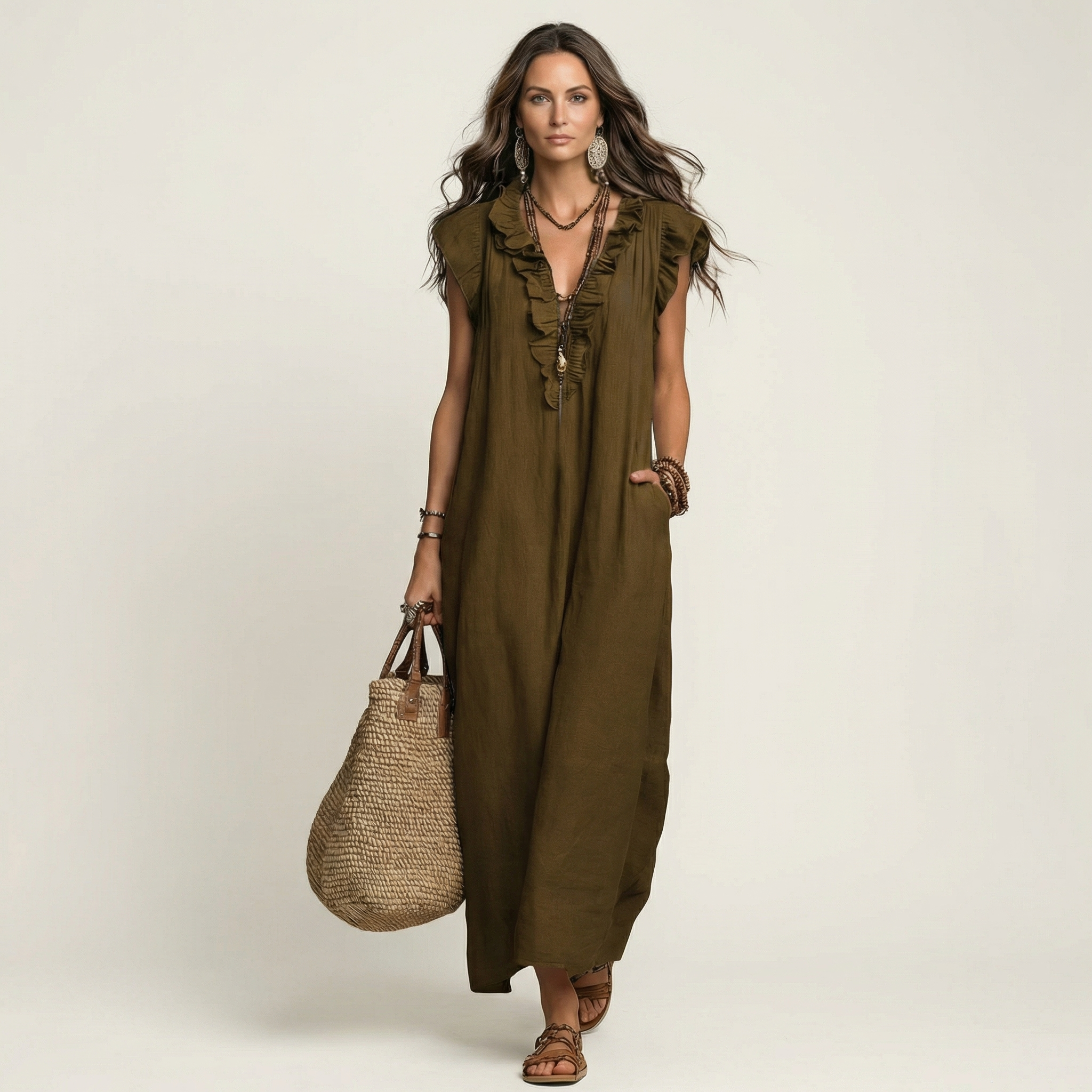 JOSIE | ELEGANT RUFFLE V-NECK MAXI DRESS