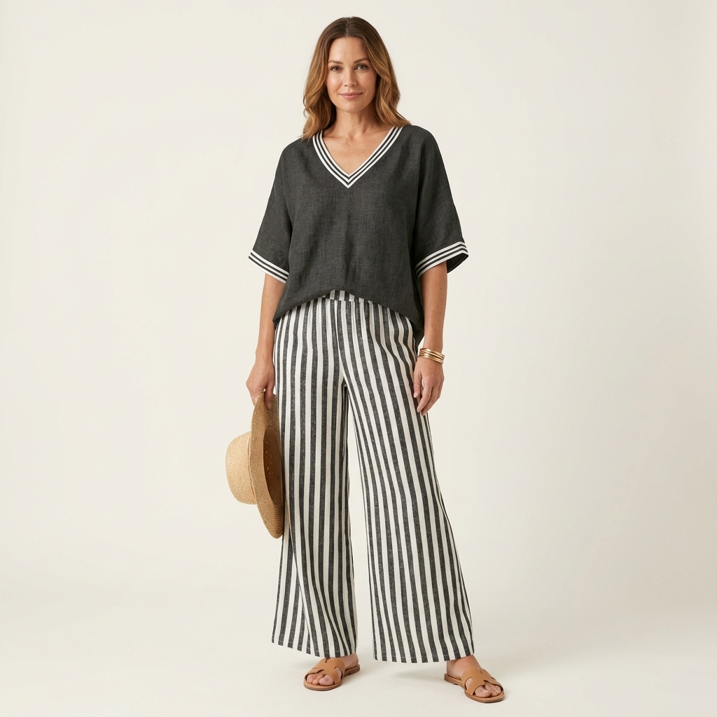 GISELLE | V-NECK VARSITY TOP & STRIPE WIDE-LEG SET