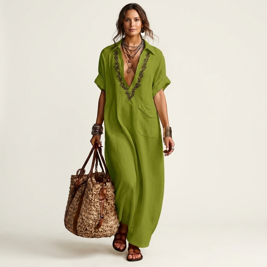 PETRA | EMBROIDERED V-NECK COLLAR LINEN MAXI DRESS