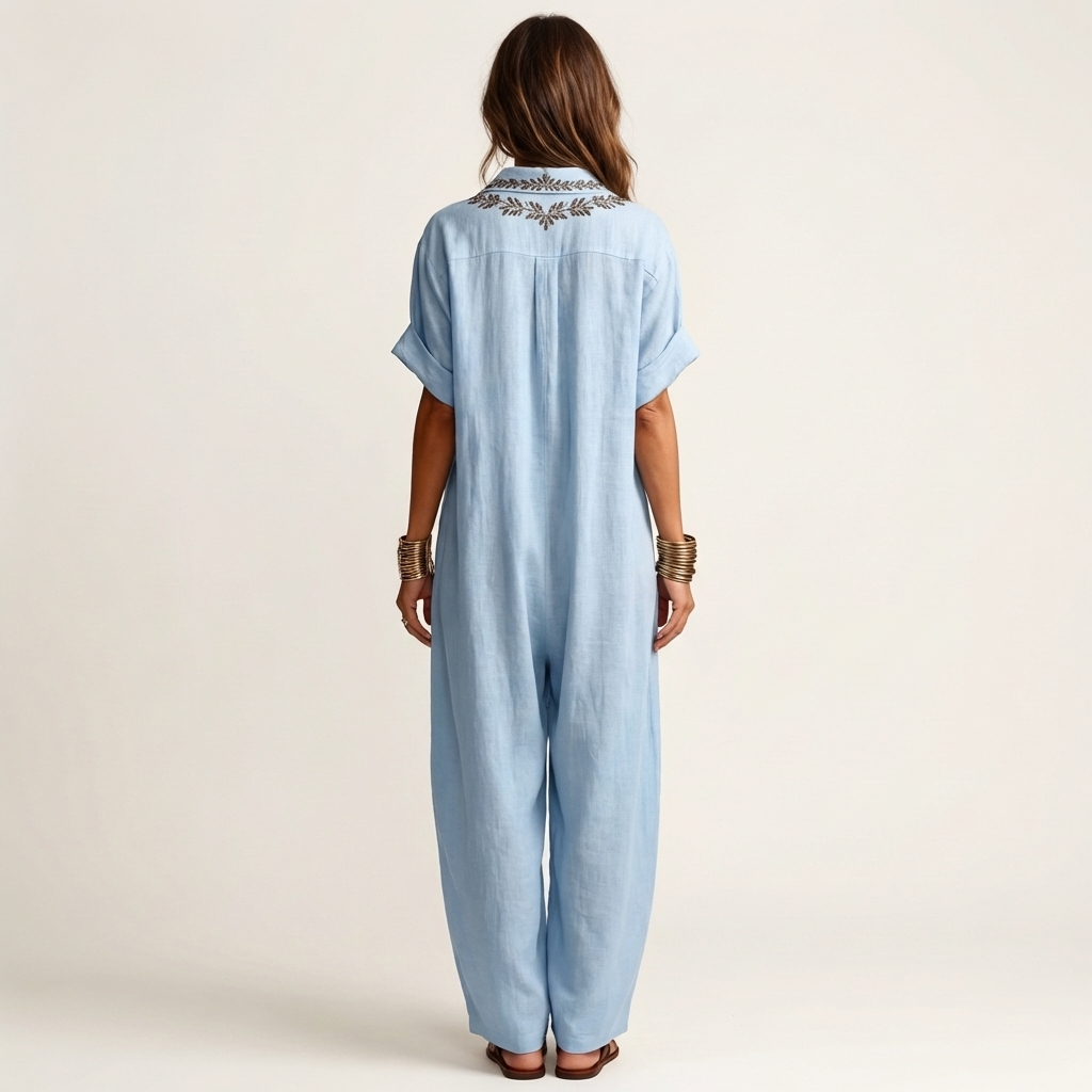 PETRA | EMBROIDERED V-NECK COLLAR LINEN MAXI DRESS