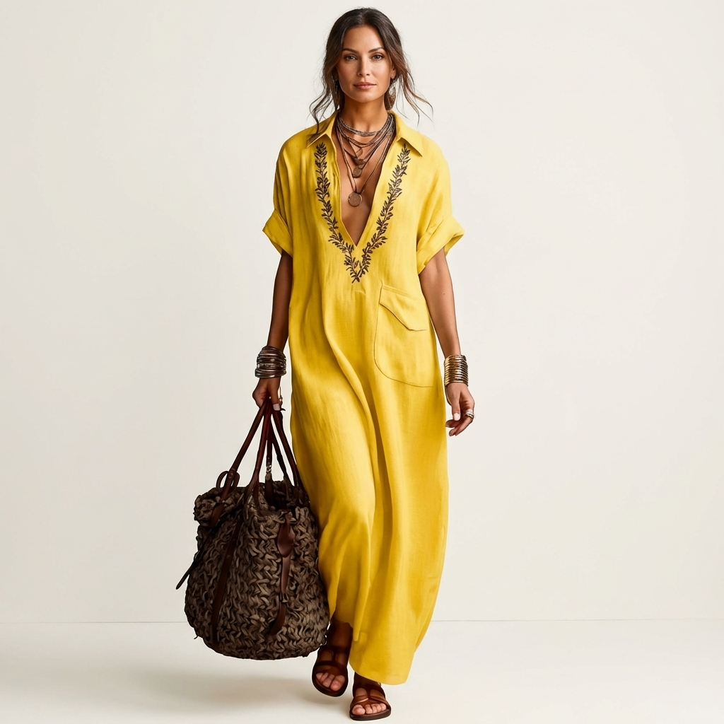 PETRA | EMBROIDERED V-NECK COLLAR LINEN MAXI DRESS