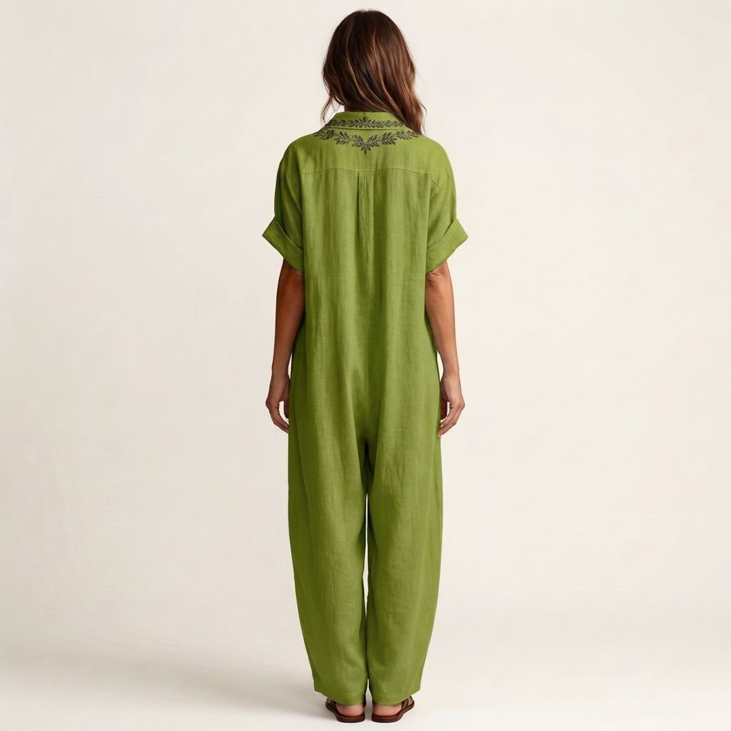 PETRA | EMBROIDERED V-NECK COLLAR LINEN MAXI DRESS