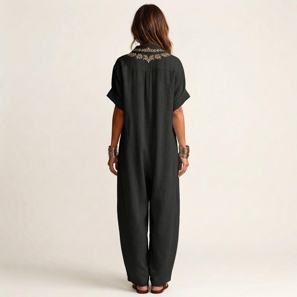 PETRA | EMBROIDERED V-NECK COLLAR LINEN MAXI DRESS