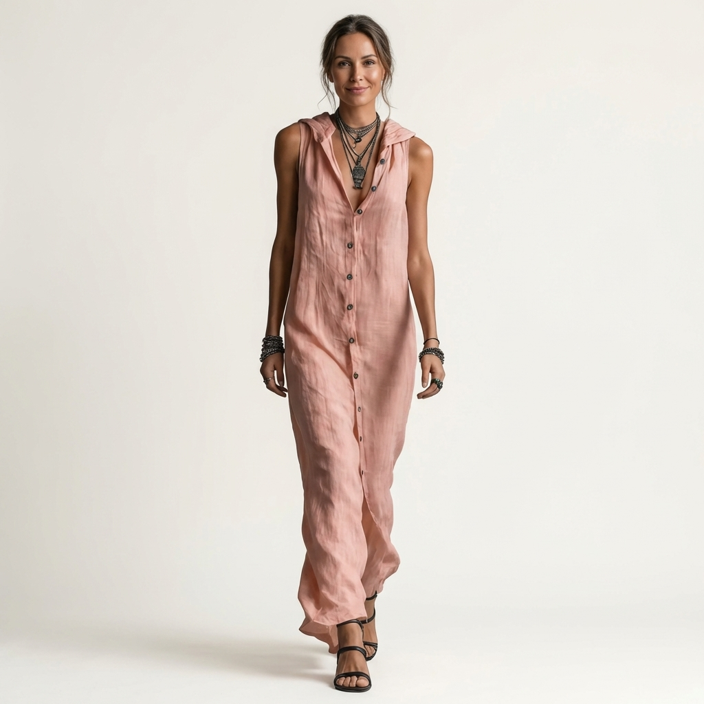 VALENTINA | HOODED BUTTON-FRONT SLEEVELESS LINEN MAXI DRESS