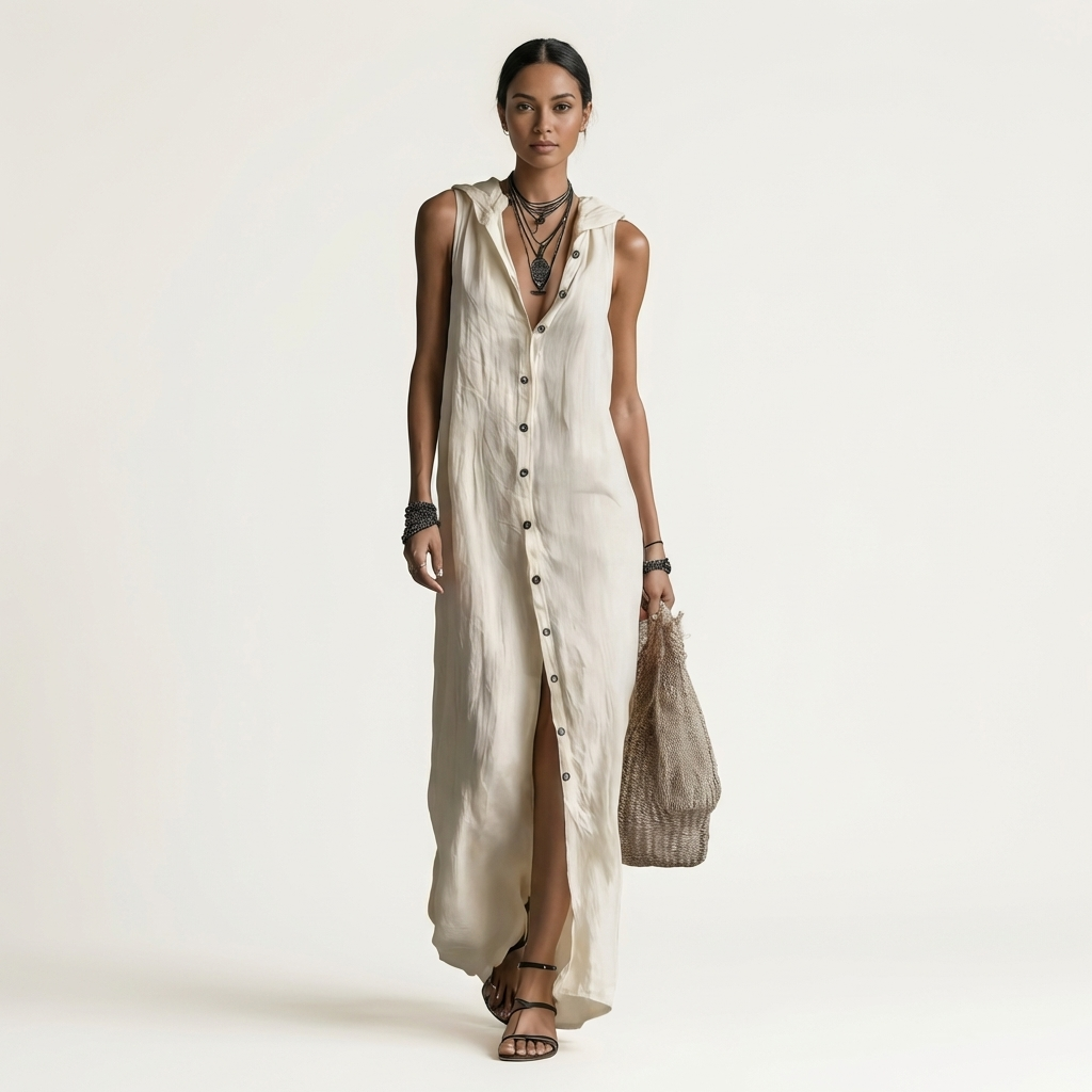 VALENTINA | HOODED BUTTON-FRONT SLEEVELESS LINEN MAXI DRESS