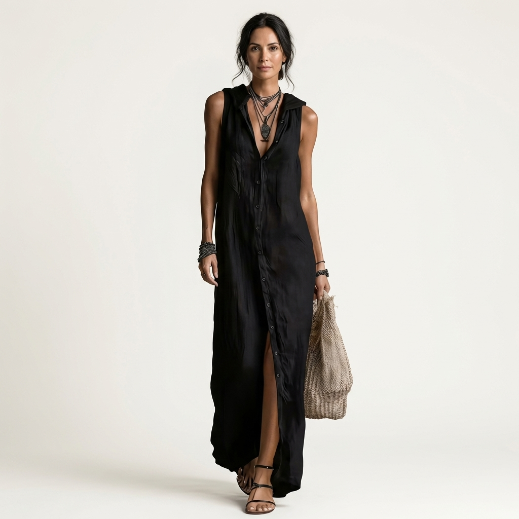 VALENTINA | HOODED BUTTON-FRONT SLEEVELESS LINEN MAXI DRESS