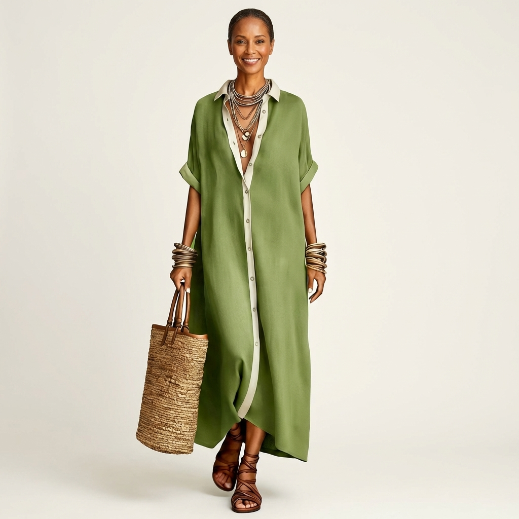 ISOLDE | CONTRAST-COLLAR BUTTON-FRONT SHORT-SLEEVE MAXI SHIRT DRESS