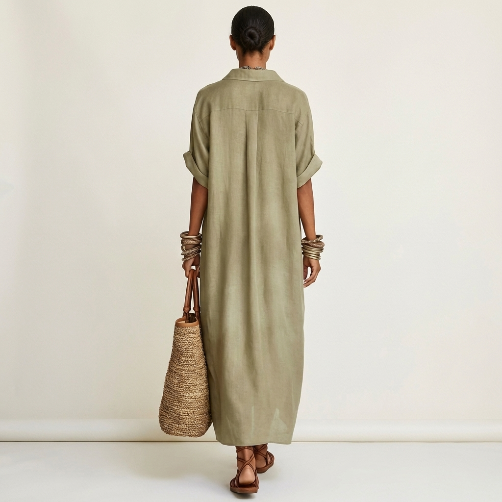 ISOLDE | CONTRAST-COLLAR BUTTON-FRONT SHORT-SLEEVE MAXI SHIRT DRESS