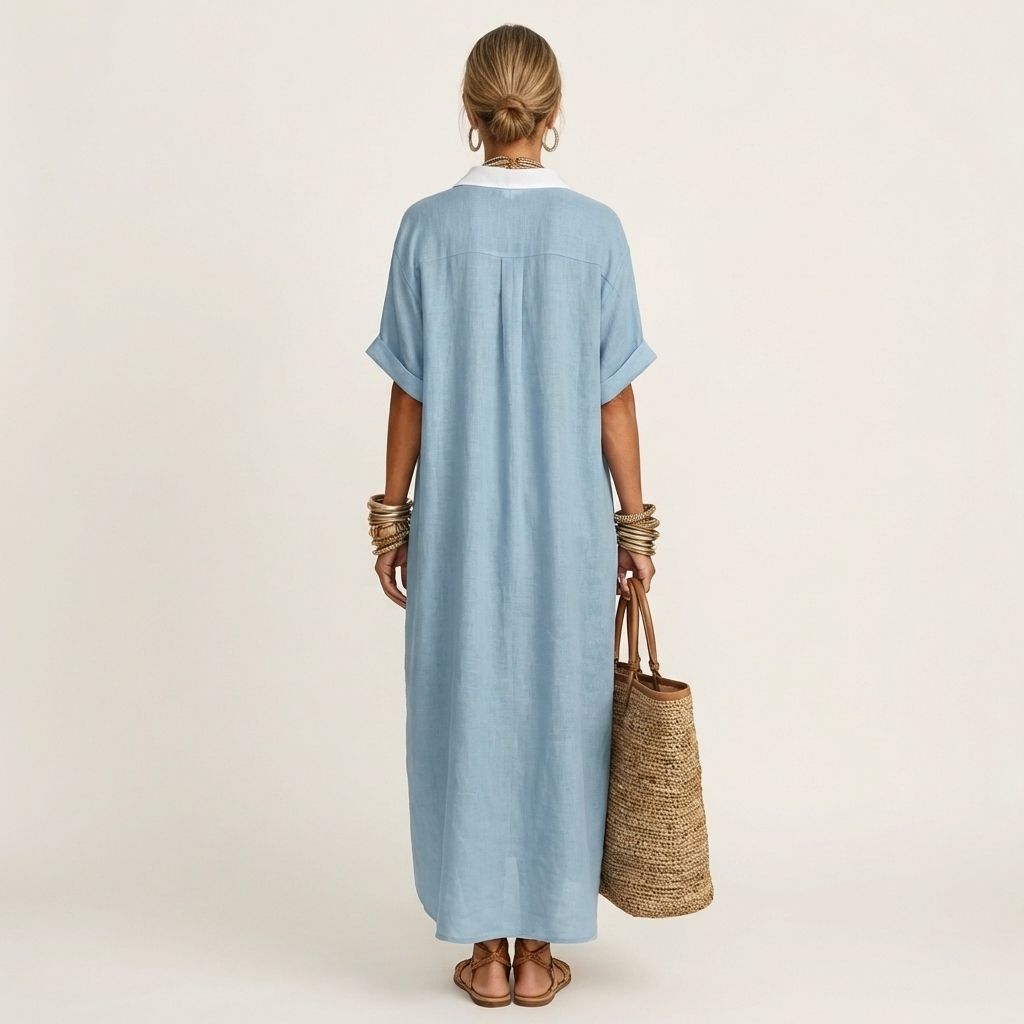 ISOLDE | CONTRAST-COLLAR BUTTON-FRONT SHORT-SLEEVE MAXI SHIRT DRESS