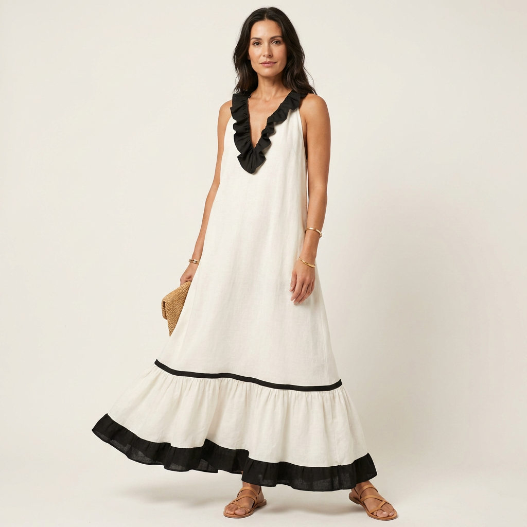 SERAPHINA | SLEEVELESS RUFFLE-NECK CONTRAST-TRIM MAXI DRESS