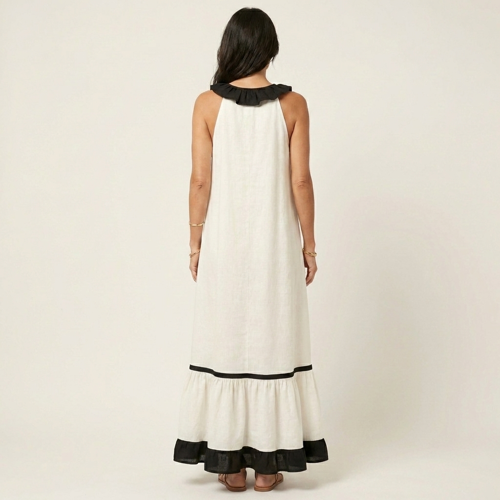 SERAPHINA | SLEEVELESS RUFFLE-NECK CONTRAST-TRIM MAXI DRESS