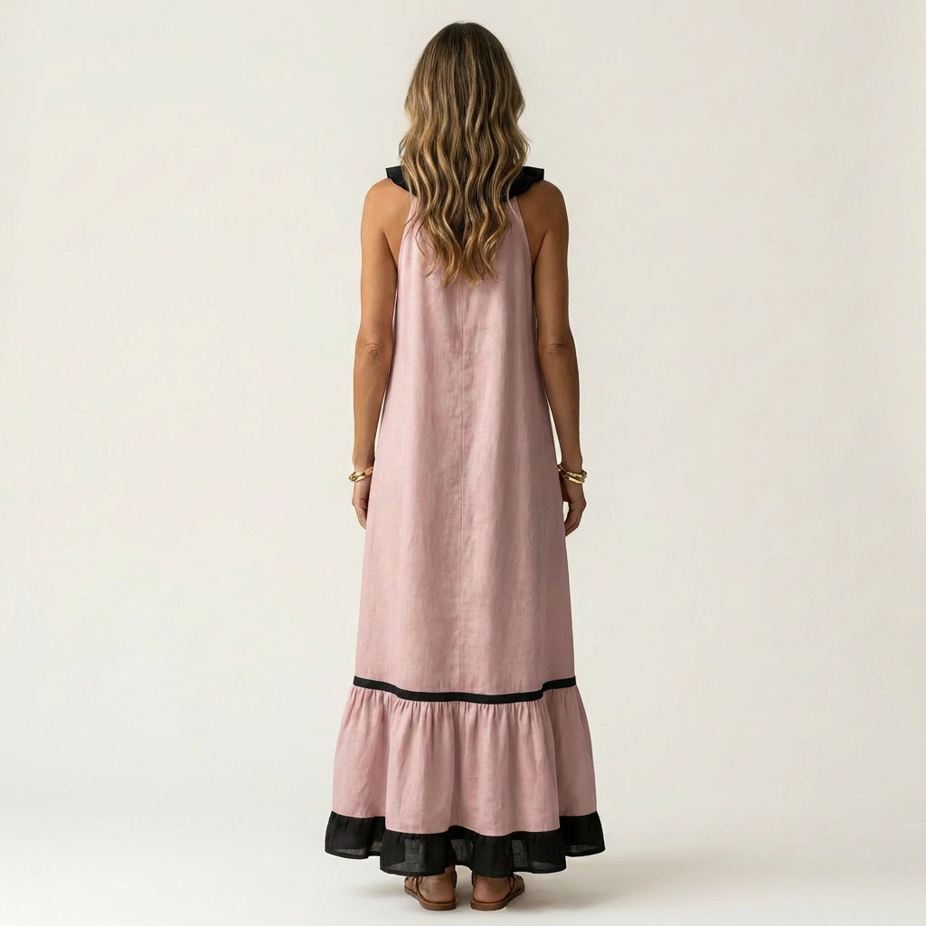 SERAPHINA | SLEEVELESS RUFFLE-NECK CONTRAST-TRIM MAXI DRESS
