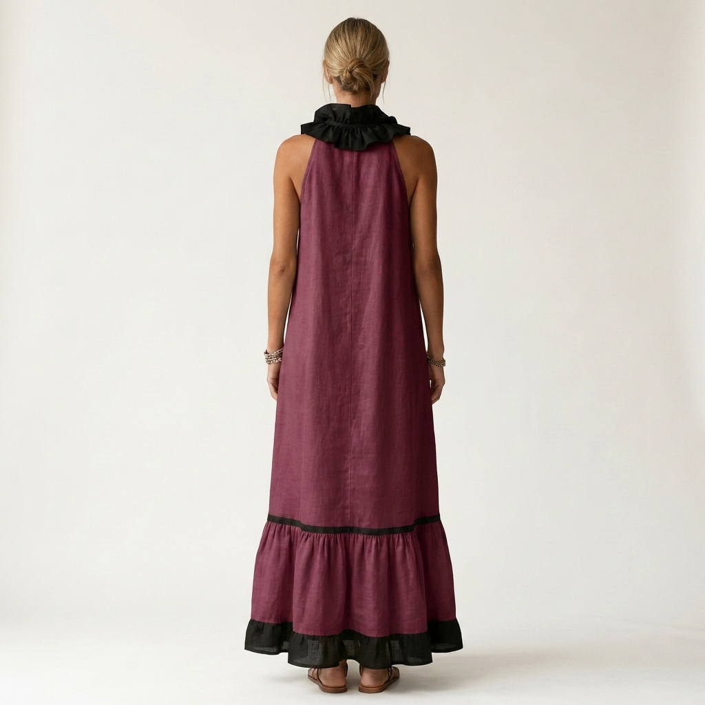 SERAPHINA | SLEEVELESS RUFFLE-NECK CONTRAST-TRIM MAXI DRESS