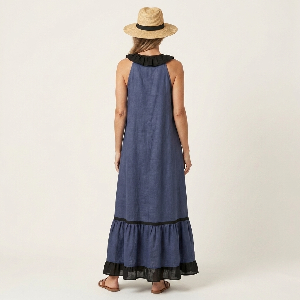 SERAPHINA | SLEEVELESS RUFFLE-NECK CONTRAST-TRIM MAXI DRESS