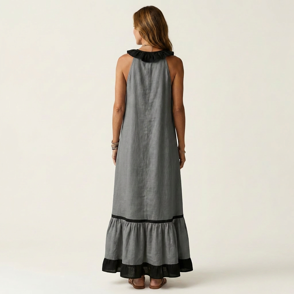 SERAPHINA | SLEEVELESS RUFFLE-NECK CONTRAST-TRIM MAXI DRESS