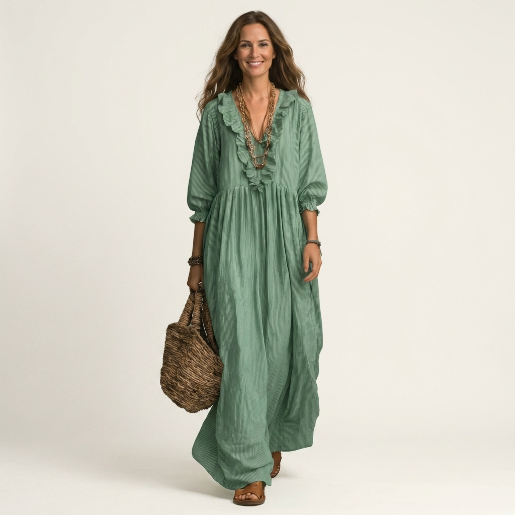 PALOMA | RUFFLE V-NECK STRIPED LANTERN-SLEEVE MAXI DRESS
