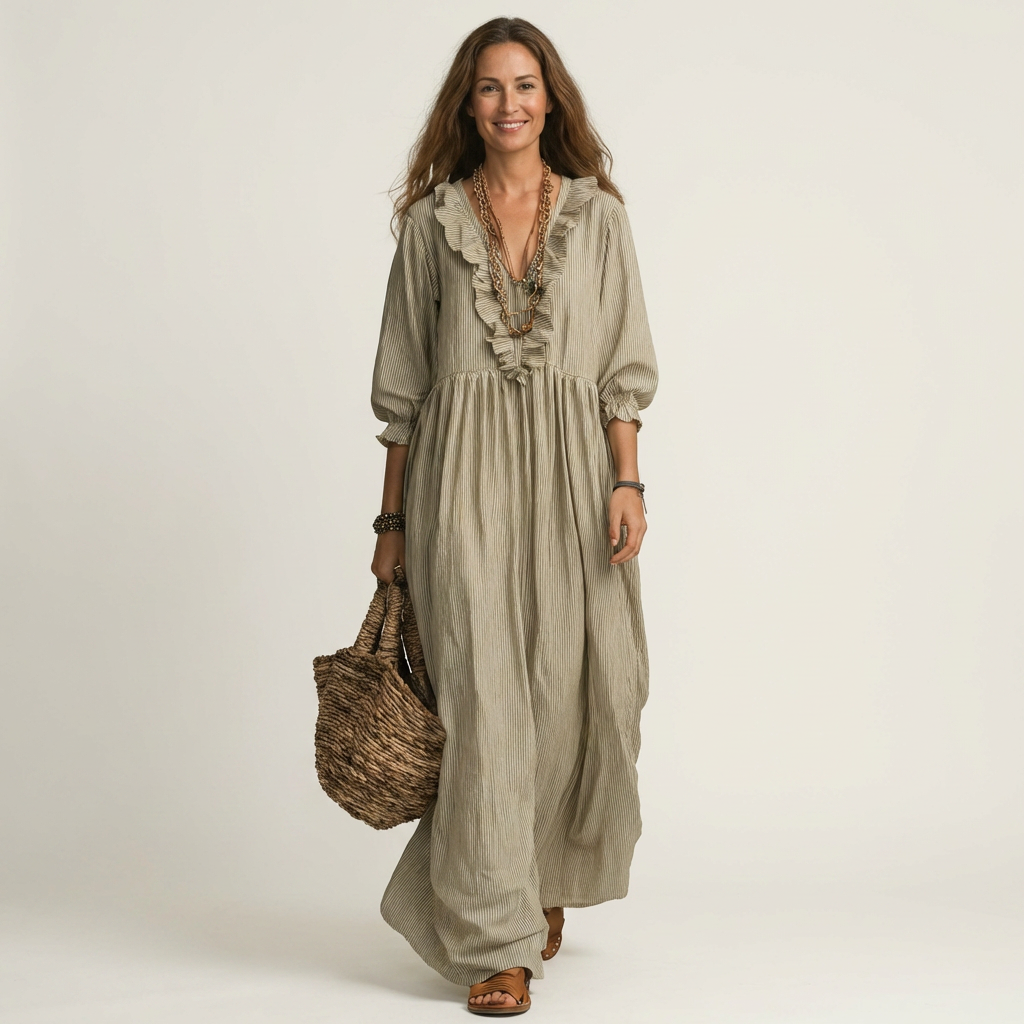 PALOMA | RUFFLE V-NECK STRIPED LANTERN-SLEEVE MAXI DRESS