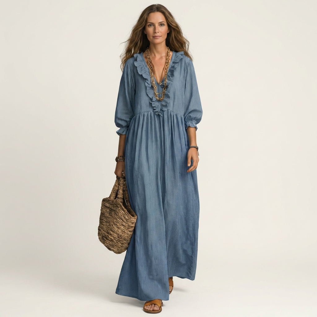 PALOMA | RUFFLE V-NECK STRIPED LANTERN-SLEEVE MAXI DRESS