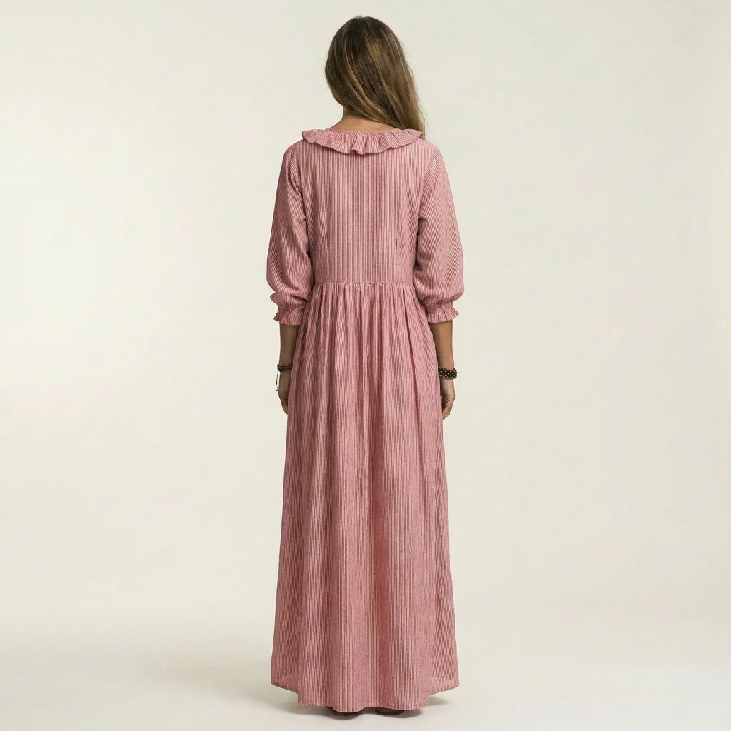 PALOMA | RUFFLE V-NECK STRIPED LANTERN-SLEEVE MAXI DRESS