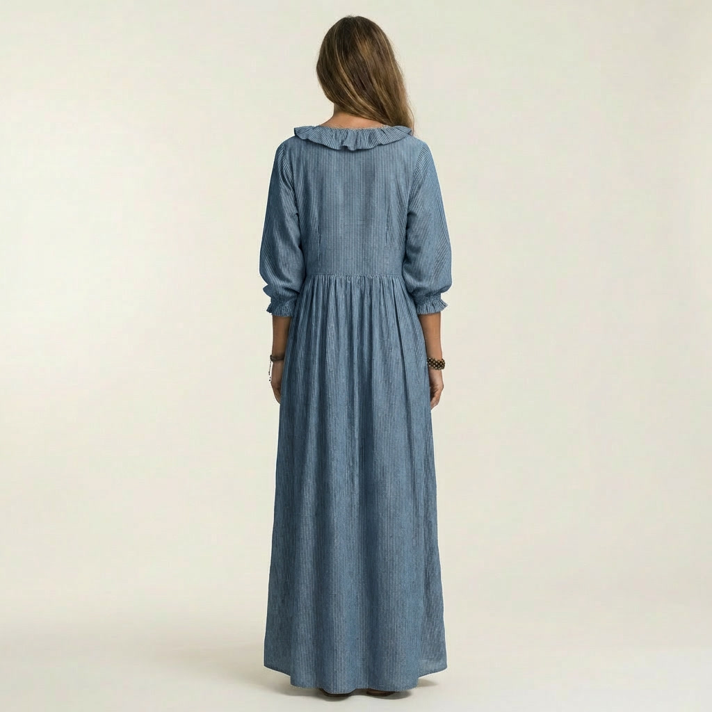 PALOMA | RUFFLE V-NECK STRIPED LANTERN-SLEEVE MAXI DRESS