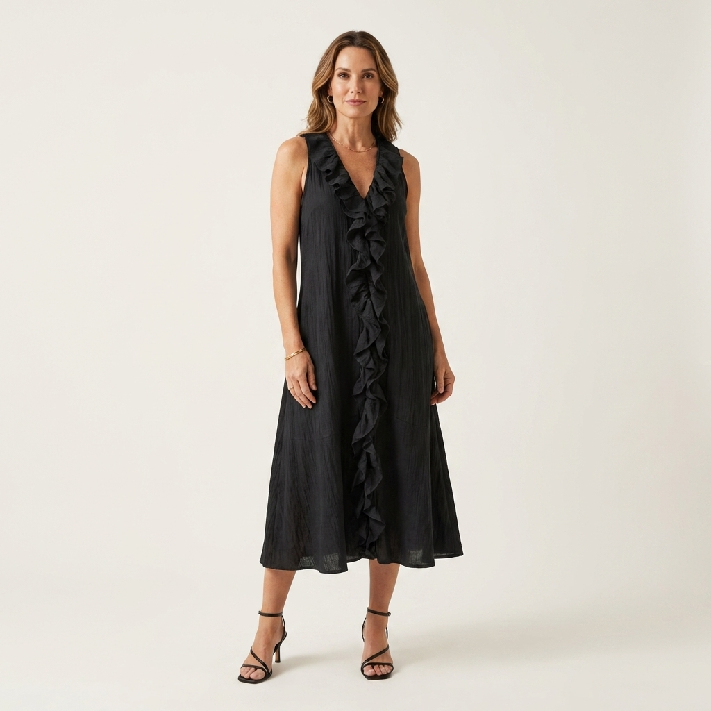 VIOLETTE | RUFFLE-FRONT V-NECK SLEEVELESS LINEN MAXI DRESS