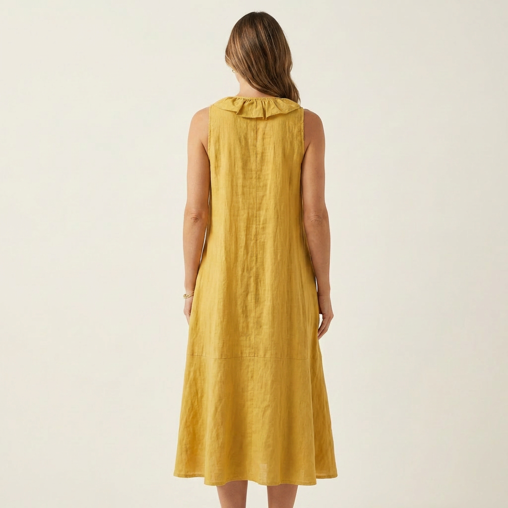 VIOLETTE | RUFFLE-FRONT V-NECK SLEEVELESS LINEN MAXI DRESS