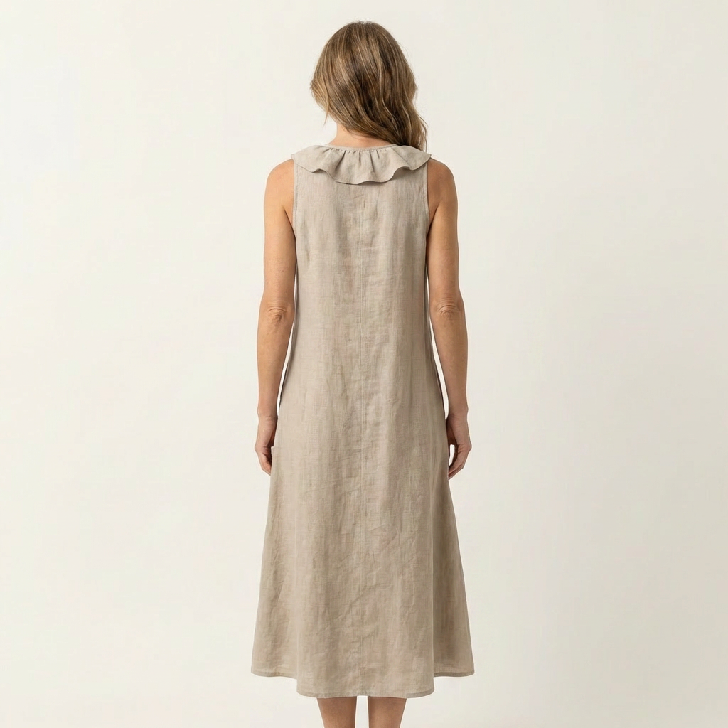 VIOLETTE | RUFFLE-FRONT V-NECK SLEEVELESS LINEN MAXI DRESS