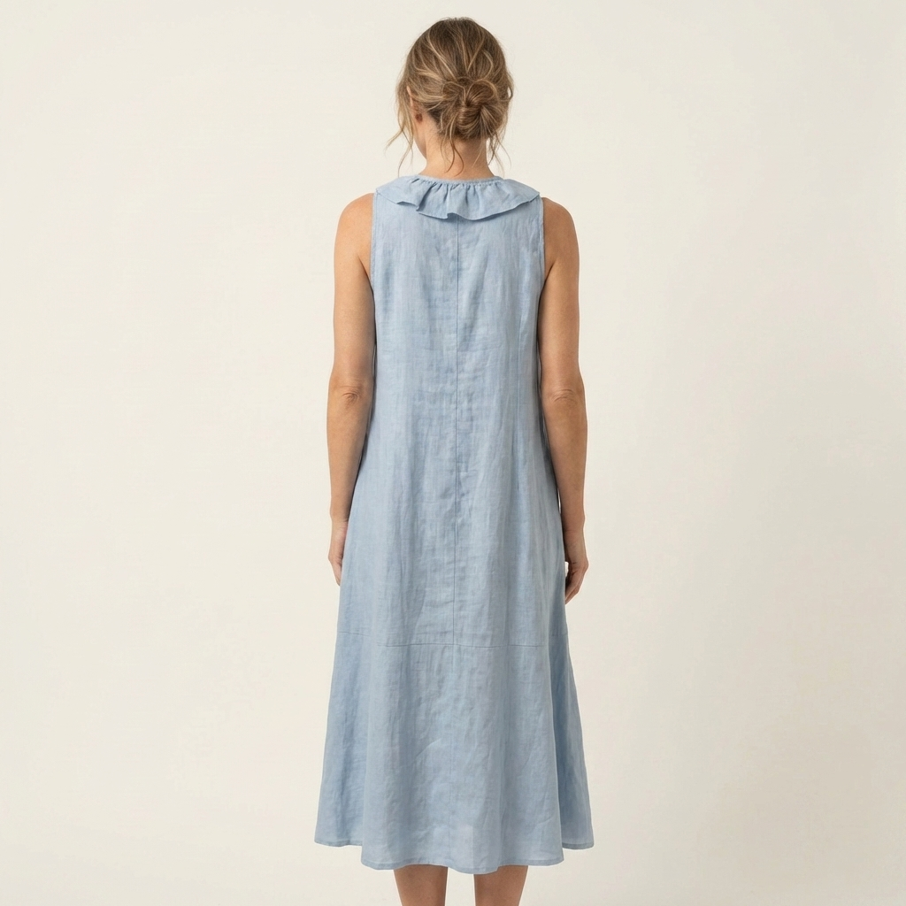 VIOLETTE | RUFFLE-FRONT V-NECK SLEEVELESS LINEN MAXI DRESS