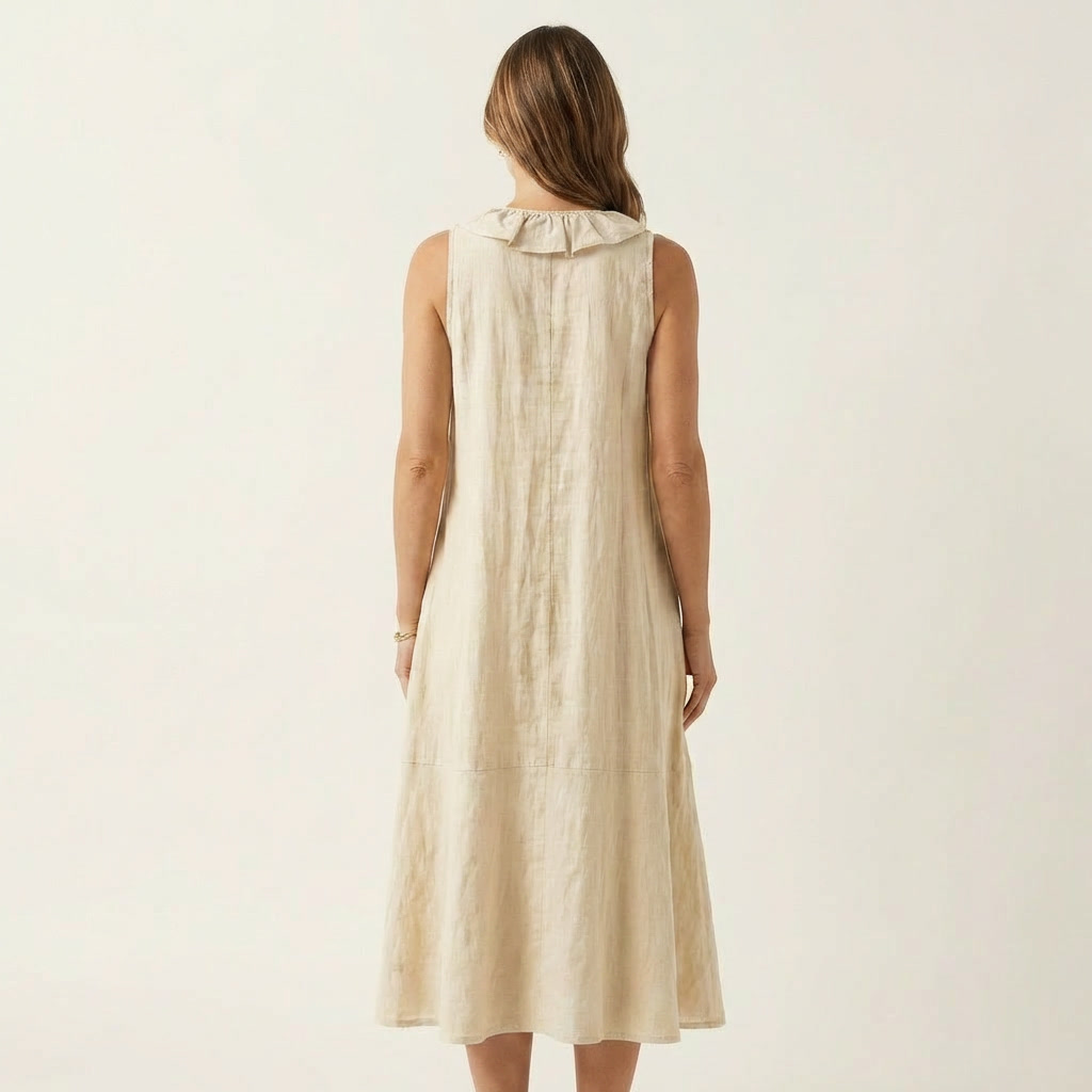 VIOLETTE | RUFFLE-FRONT V-NECK SLEEVELESS LINEN MAXI DRESS