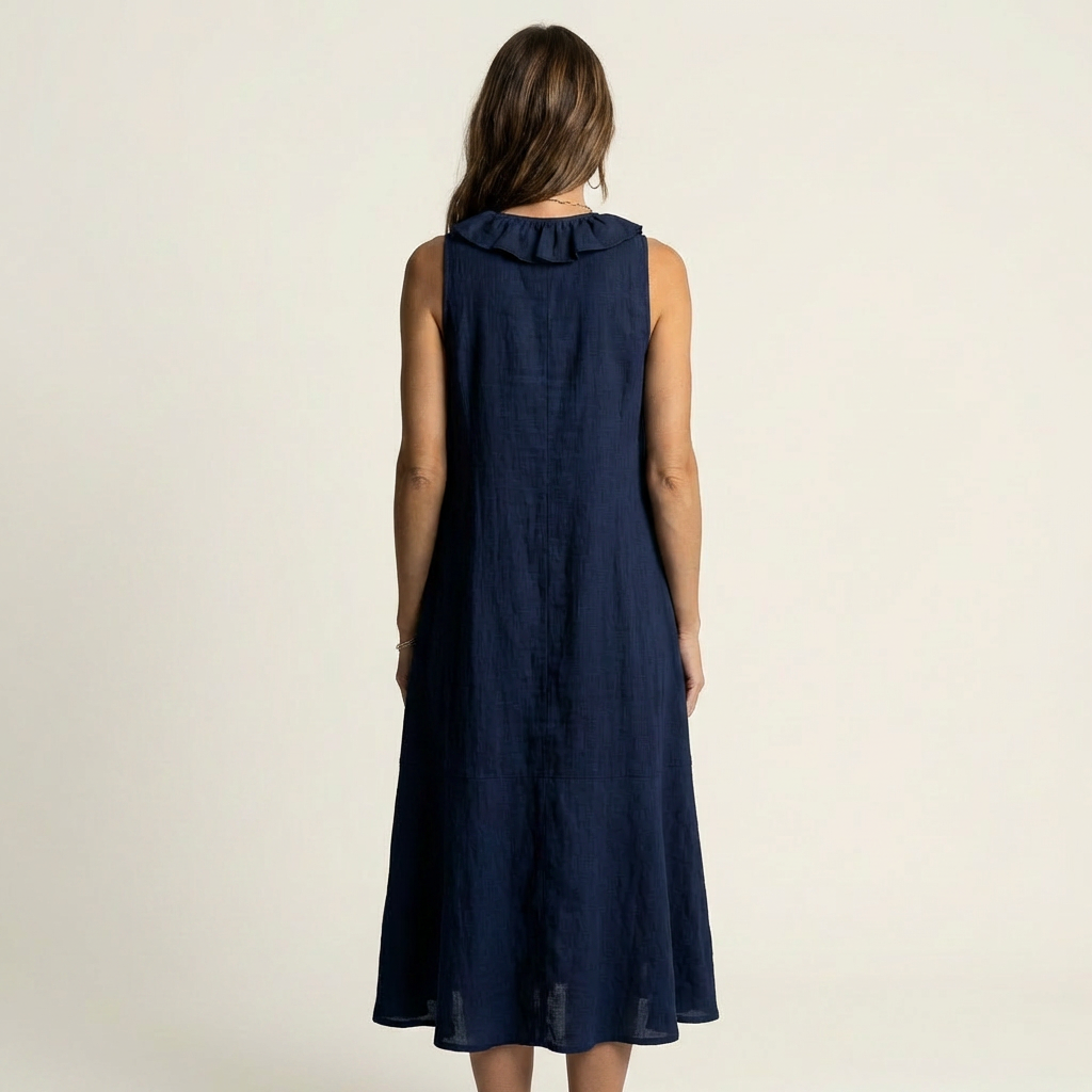 VIOLETTE | RUFFLE-FRONT V-NECK SLEEVELESS LINEN MAXI DRESS