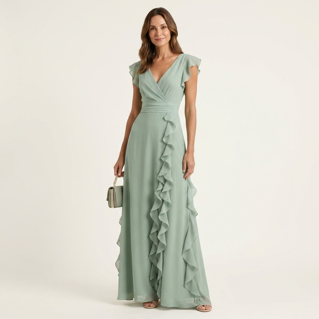 CELESTE | WRAP-STYLE V-NECK FLUTTER-SLEEVE CASCADING RUFFLE MAXI DRESS