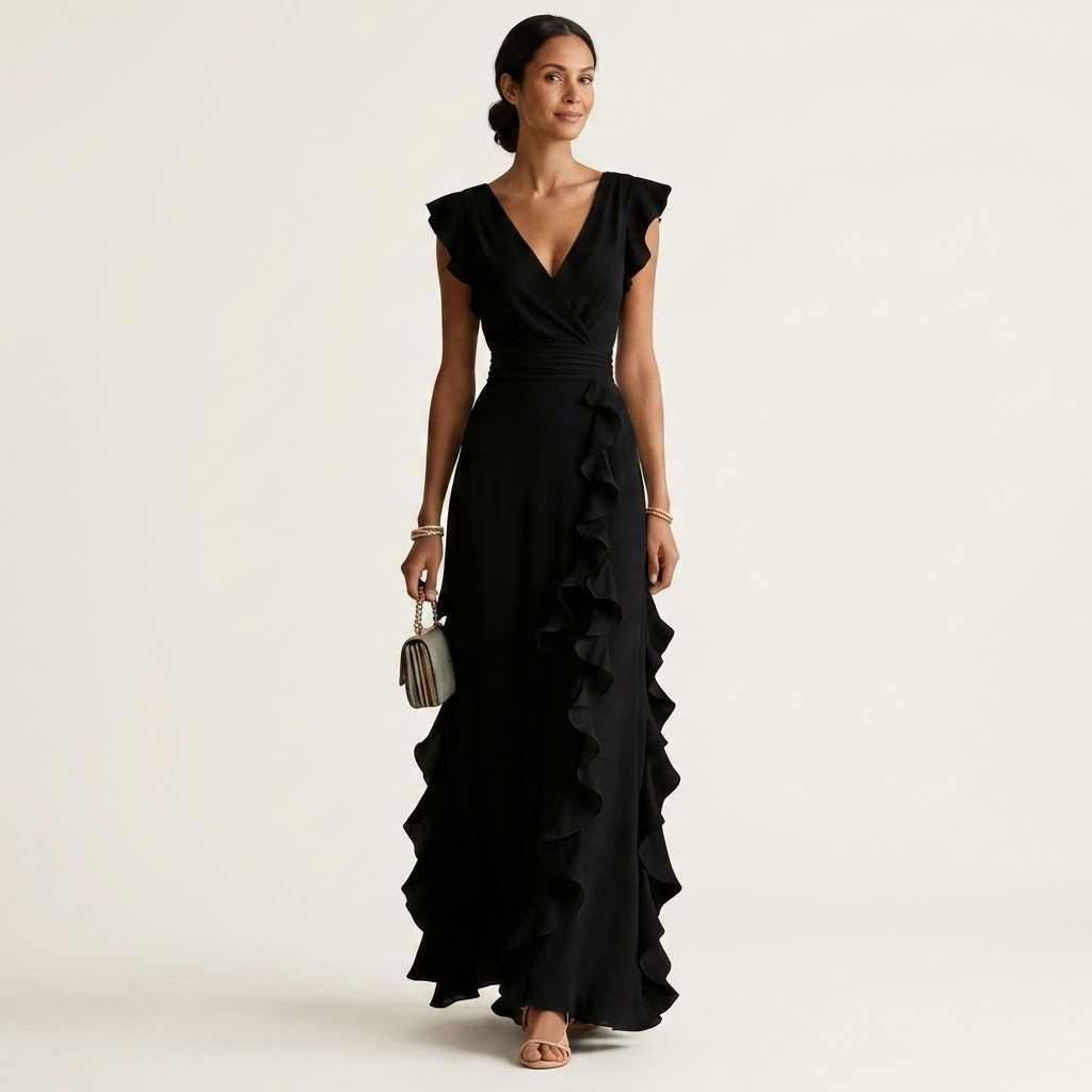 CELESTE | WRAP-STYLE V-NECK FLUTTER-SLEEVE CASCADING RUFFLE MAXI DRESS