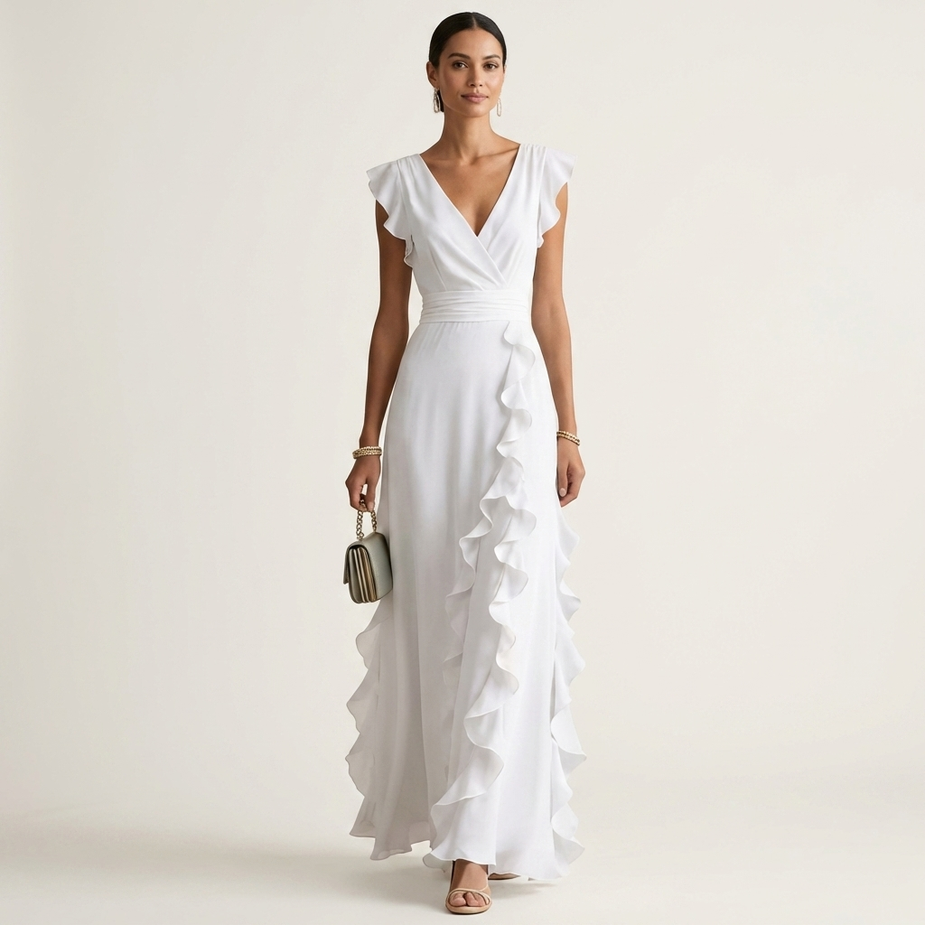 CELESTE | WRAP-STYLE V-NECK FLUTTER-SLEEVE CASCADING RUFFLE MAXI DRESS