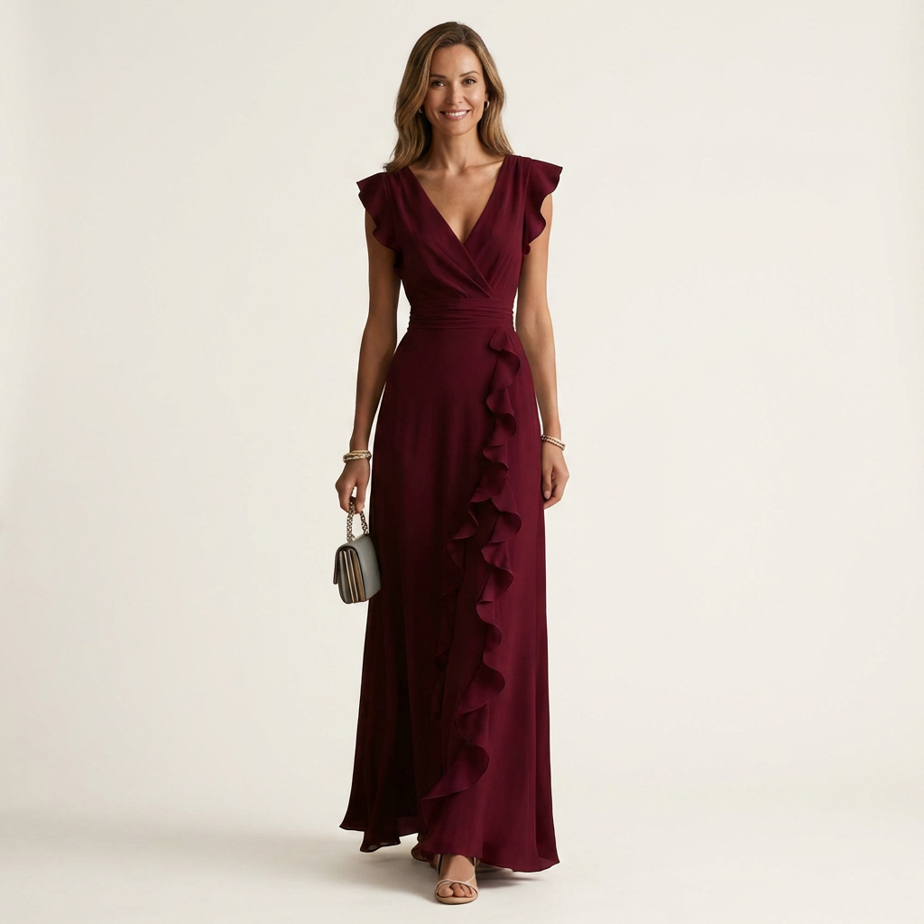 CELESTE | WRAP-STYLE V-NECK FLUTTER-SLEEVE CASCADING RUFFLE MAXI DRESS