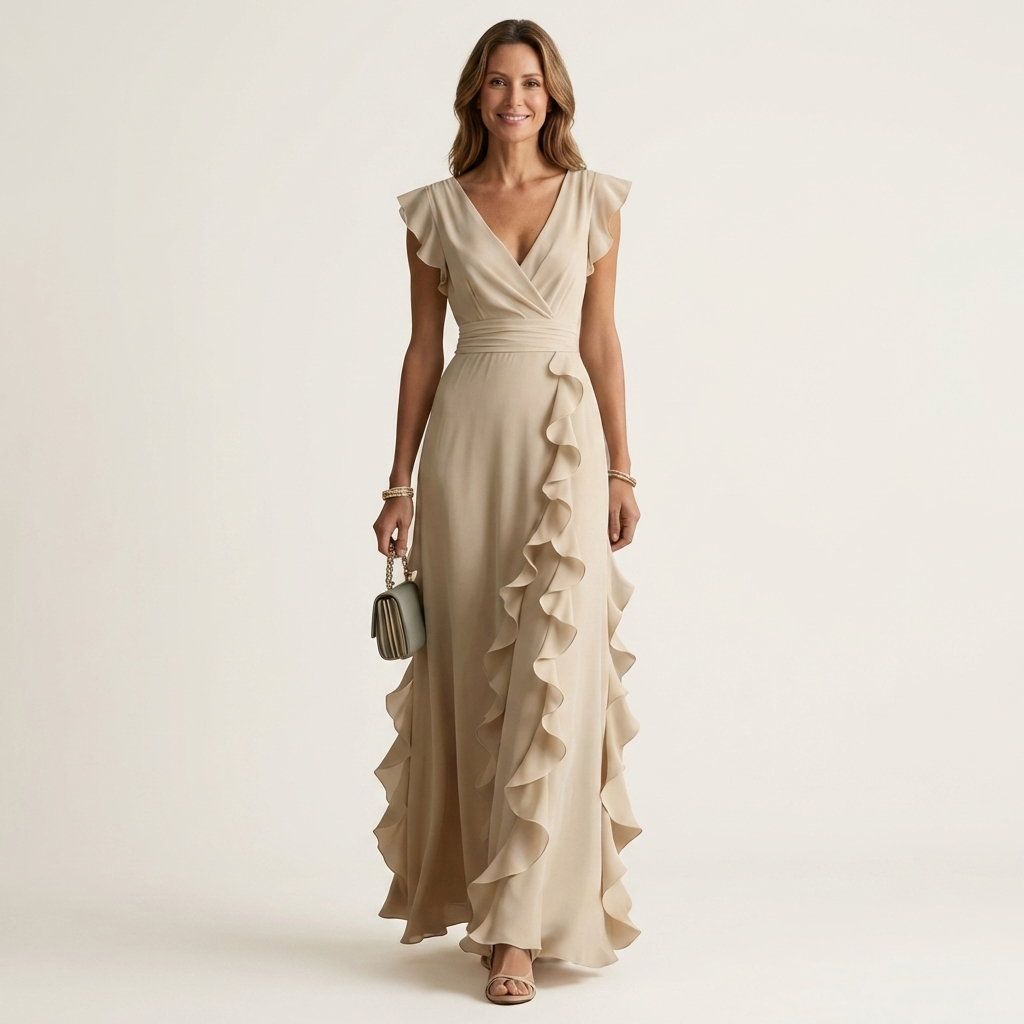 CELESTE | WRAP-STYLE V-NECK FLUTTER-SLEEVE CASCADING RUFFLE MAXI DRESS