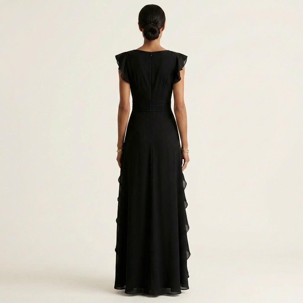 CELESTE | WRAP-STYLE V-NECK FLUTTER-SLEEVE CASCADING RUFFLE MAXI DRESS