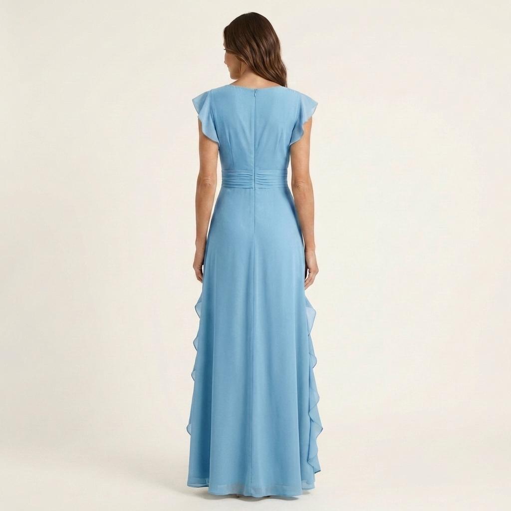 CELESTE | WRAP-STYLE V-NECK FLUTTER-SLEEVE CASCADING RUFFLE MAXI DRESS