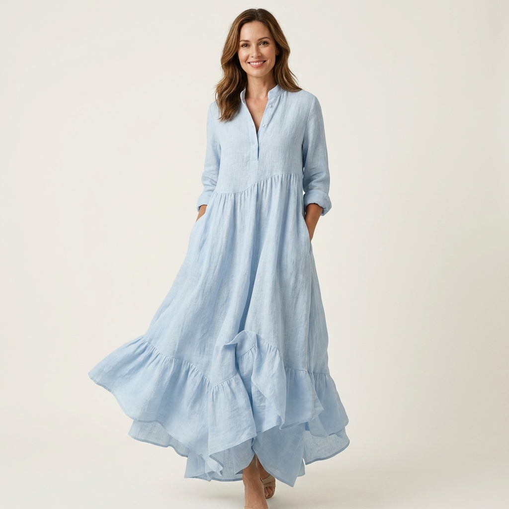 ADRIANNA | STAND-COLLAR BUTTON-FRONT RUFFLE HEM MAXI DRESS