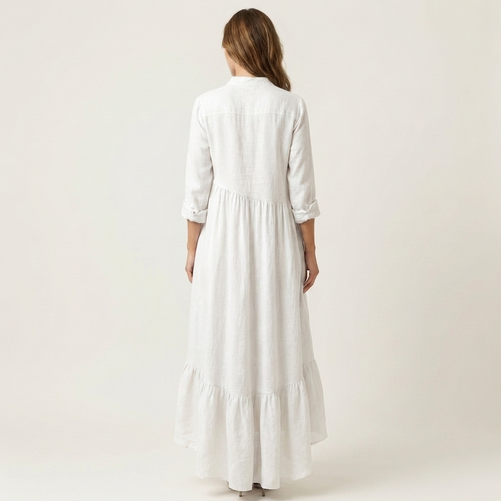 ADRIANNA | STAND-COLLAR BUTTON-FRONT RUFFLE HEM MAXI DRESS