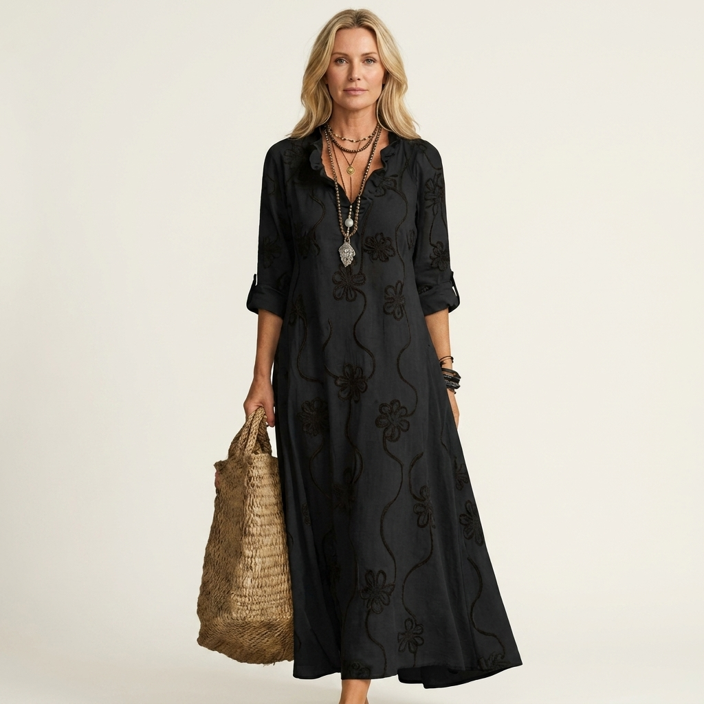ODALYS | MAXI DRESS WITH TONAL FLORAL EMBROIDERY