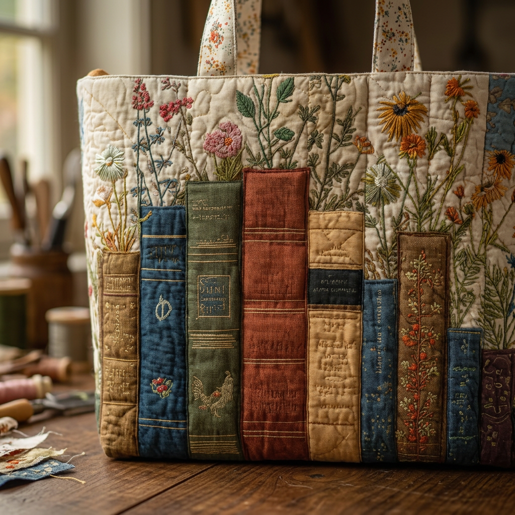 Quilted Bag with Books and Flowers – For Book Lovers