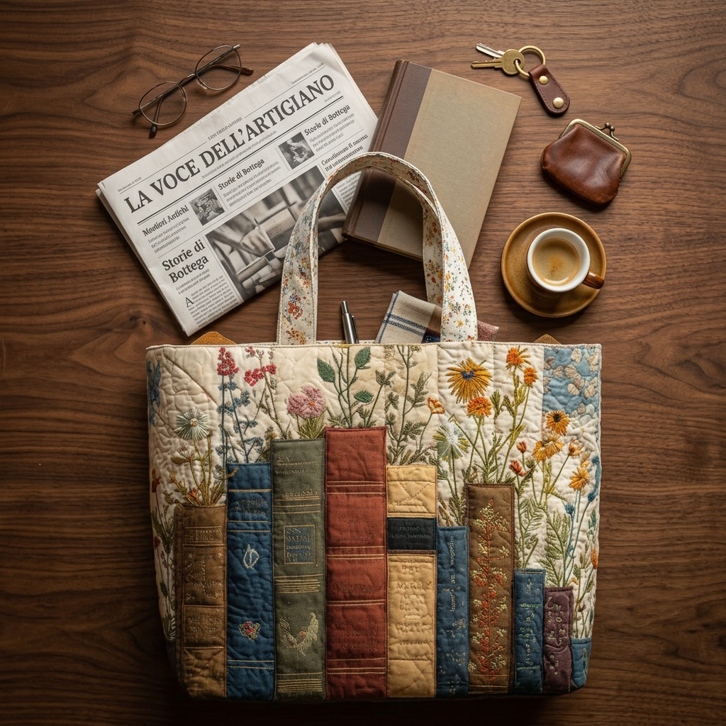 Quilted Bag with Books and Flowers – For Book Lovers