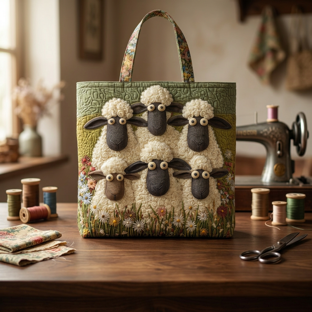 Quilted Artistic Bag with Five Sheep – Two Sizes