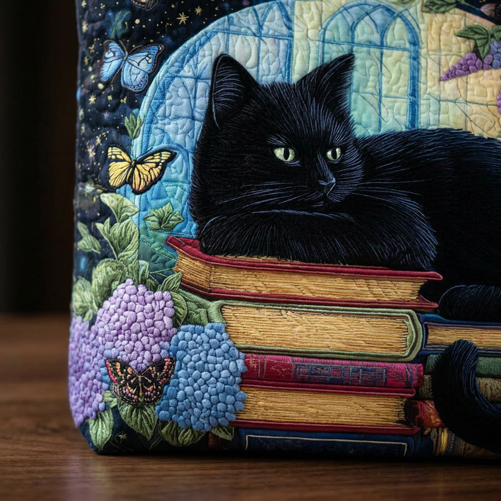 Black Cat on Books Quilted Bag – Gift Idea