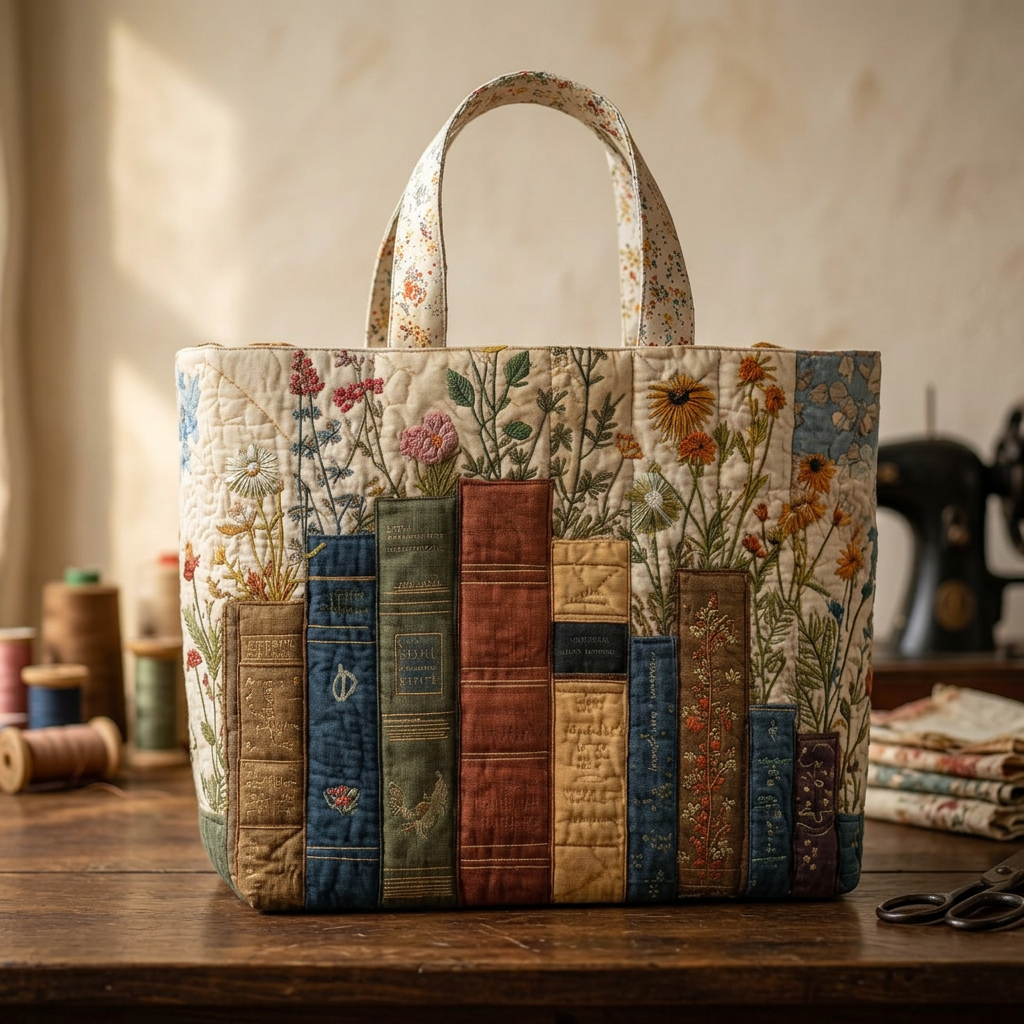 Quilted Bag with Books and Flowers – For Book Lovers