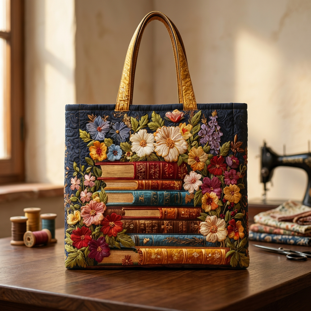 Quilted Bag with Floral Print and Books – For Book Lovers